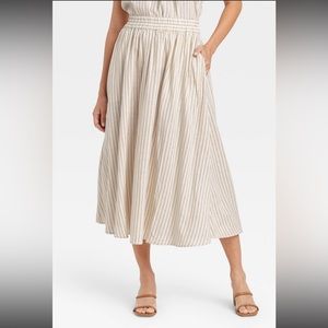 A New Day Cream Striped Smock Waist Midi Skirt, Medium